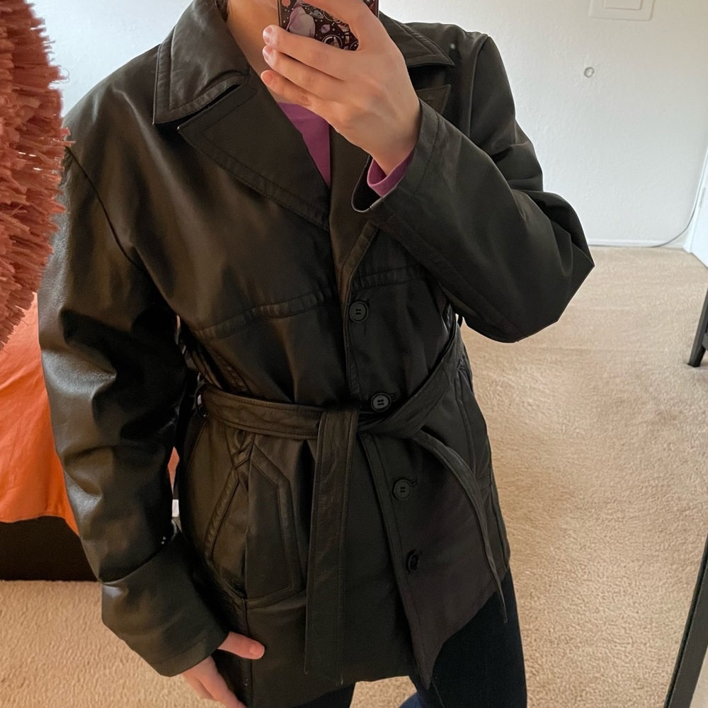 Vintage Sergio Vadducci leather trench coat jacket black, XL - Picture 2 of 13